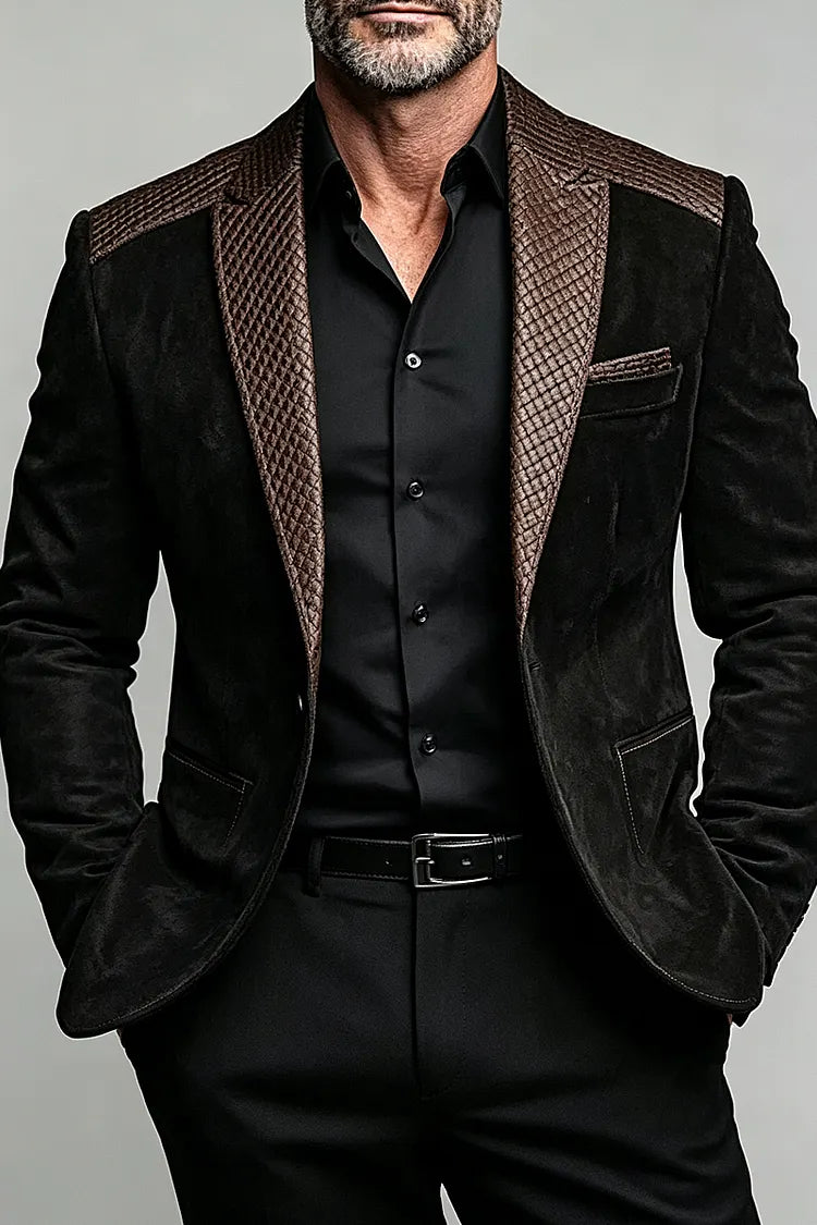 Blazer uomo nero scamosciato con dettagli in pelle marrone