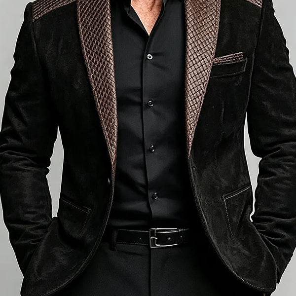 Blazer uomo nero scamosciato con dettagli in pelle marrone