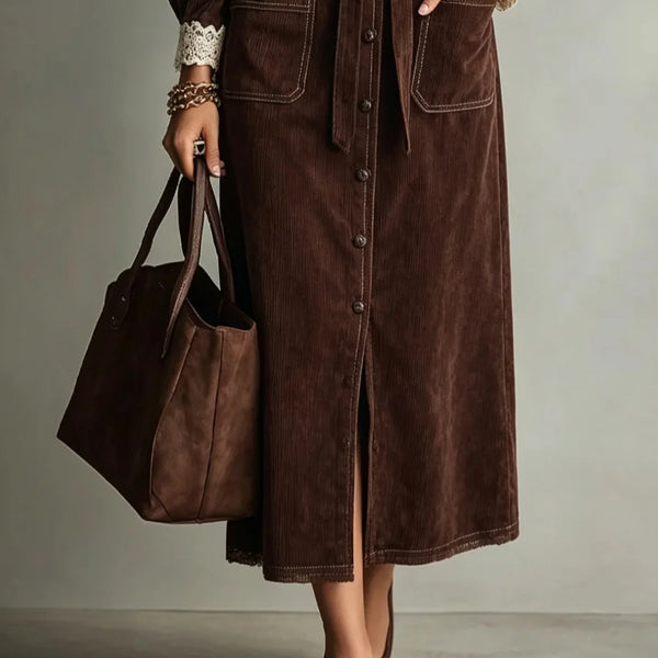 KARIN | ABITO CAMICIA IN CORDUROY MARRONE CON COLLO IN PIZZO