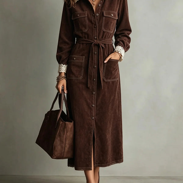 KARIN | ABITO CAMICIA IN CORDUROY MARRONE CON COLLO IN PIZZO