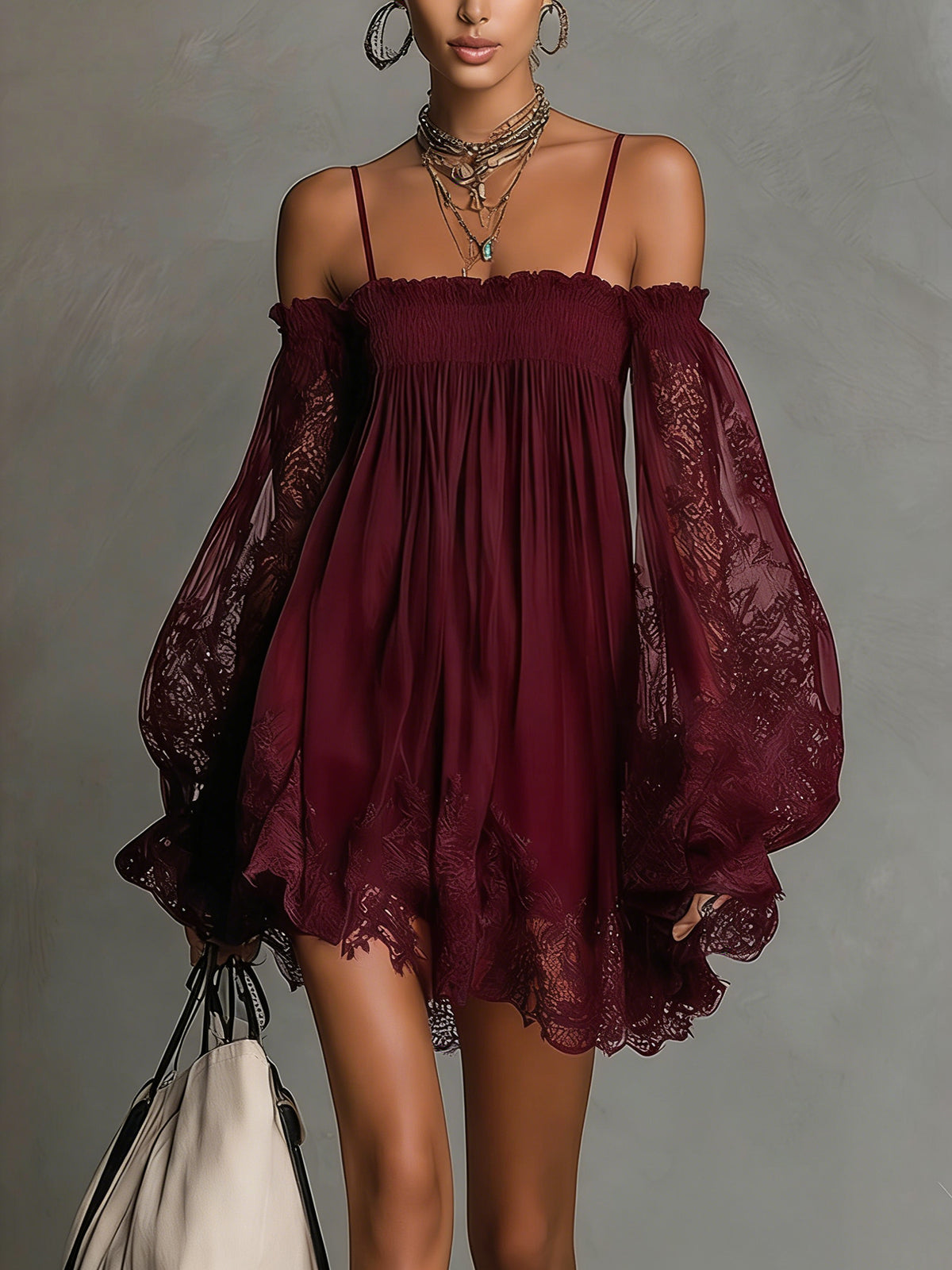 Louisa | Abito in Chiffon con Maniche in Pizzo a Spalle Scoperte