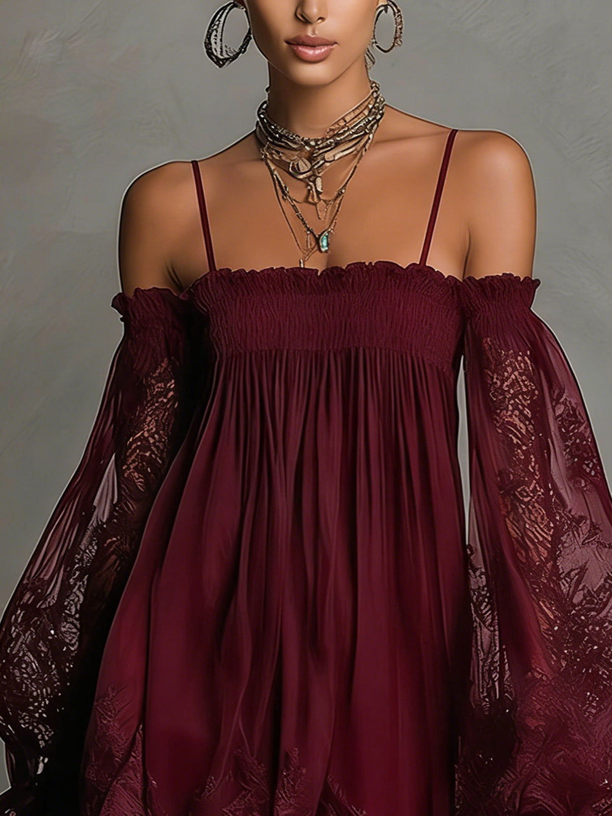 Louisa | Abito in Chiffon con Maniche in Pizzo a Spalle Scoperte