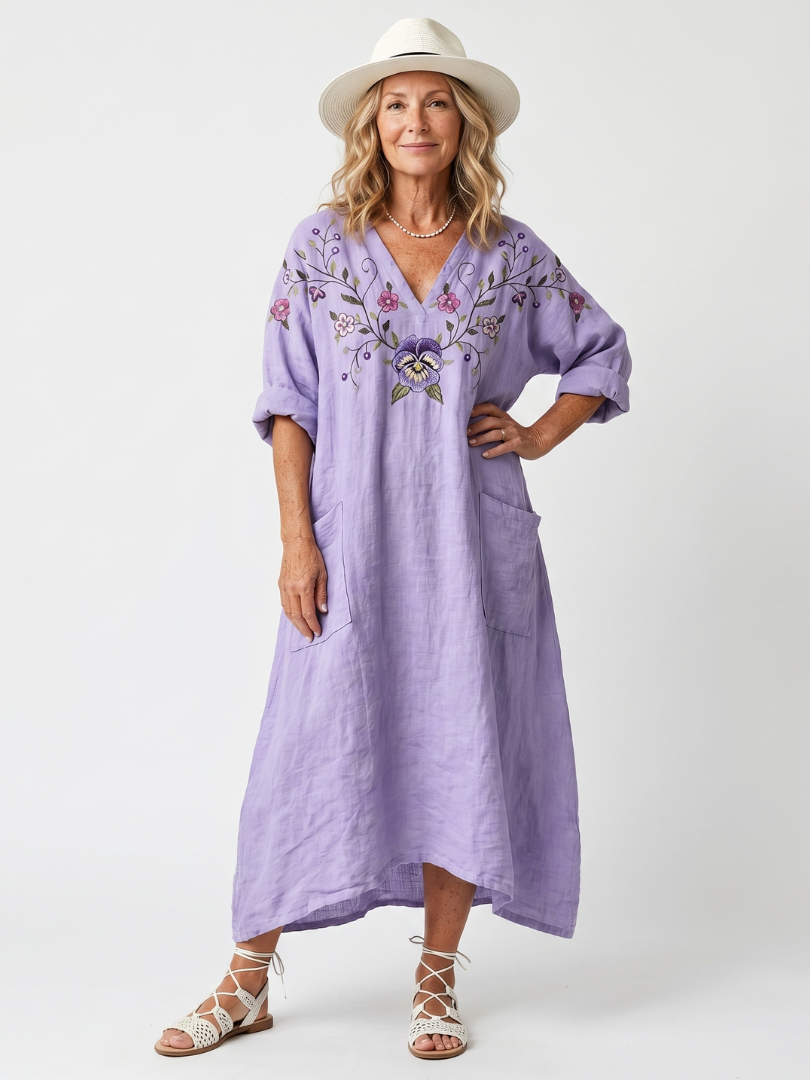 Tavi | Vestito midi oversized con ricami floreali e tasche