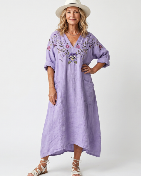 Tavi | Vestito midi oversized con ricami floreali e tasche