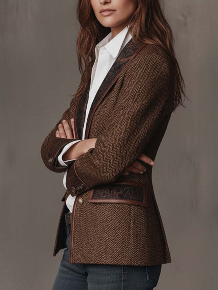Blazer Donna con Pannello Stampato a Spina di Pesce