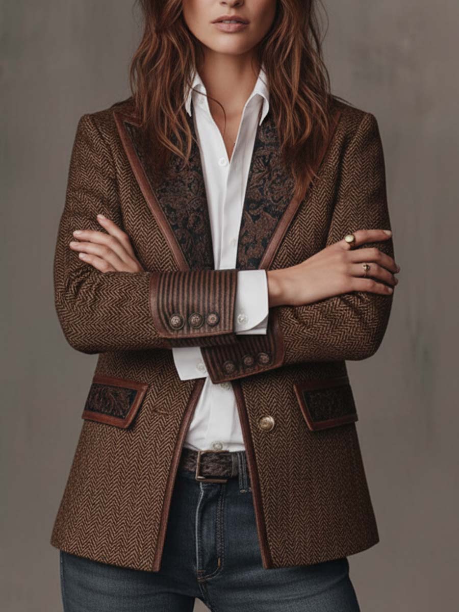 Blazer Donna con Pannello Stampato a Spina di Pesce
