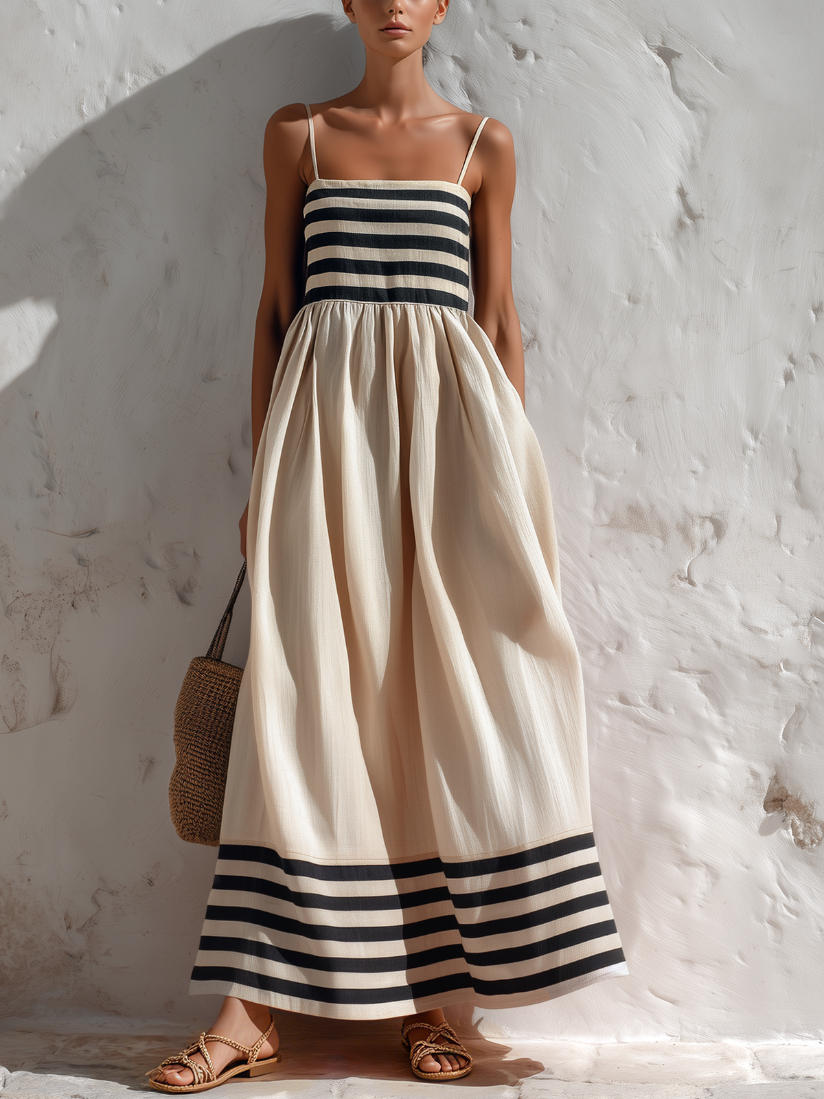 Abito Maxi a Spaghetti Nero e Beige a Strisce
