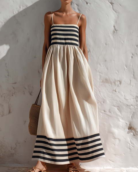 Abito Maxi a Spaghetti Nero e Beige a Strisce