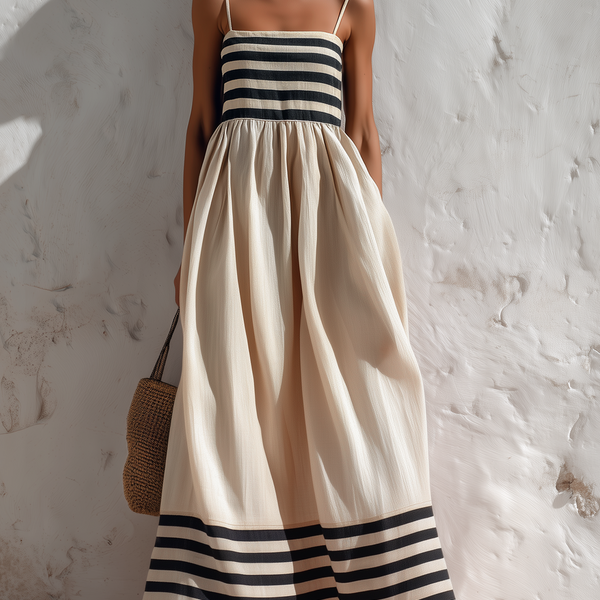 Abito Maxi a Spaghetti Nero e Beige a Strisce