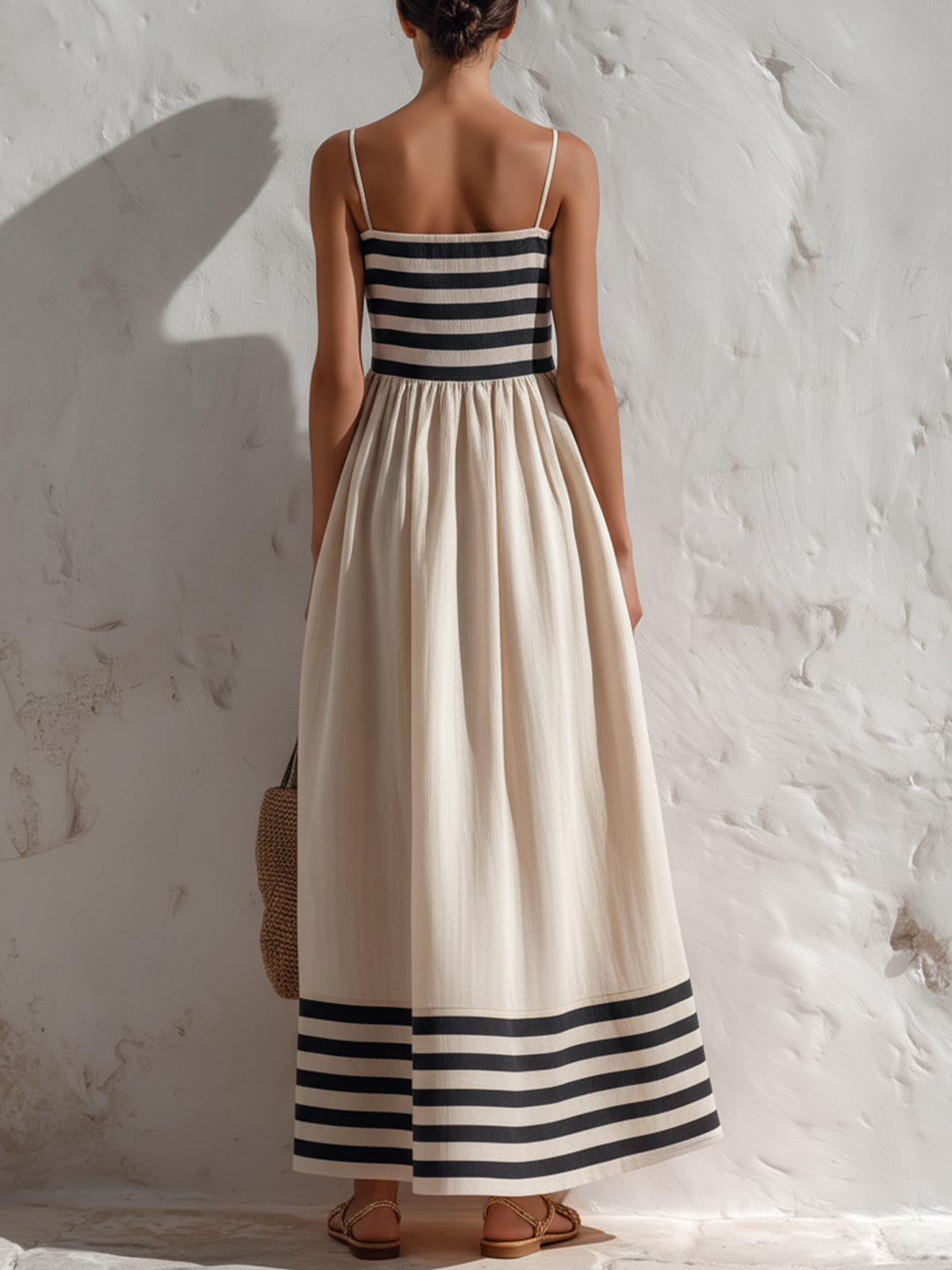 Abito Maxi a Spaghetti Nero e Beige a Strisce