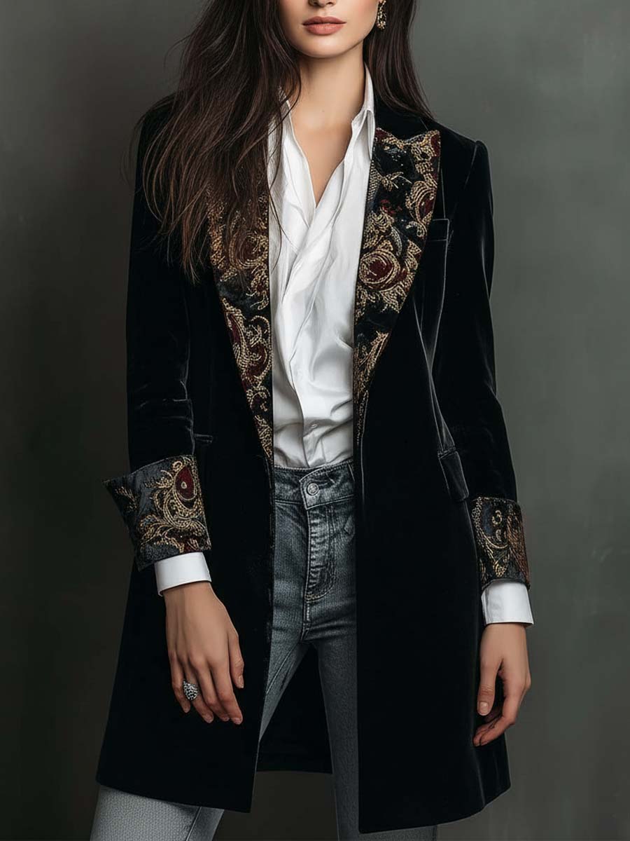 Blazer Slim Fit Nero con Stampa Barocca da Donna