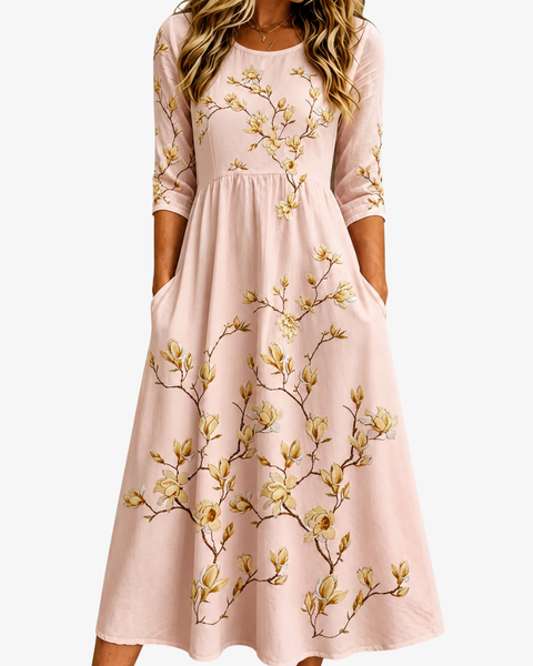 Golden Magnolia Bloom Pocket Midi Dress