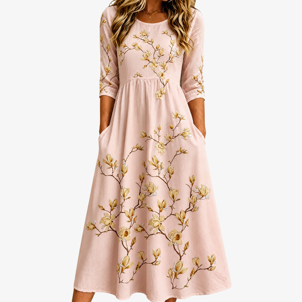Golden Magnolia Bloom Pocket Midi Dress
