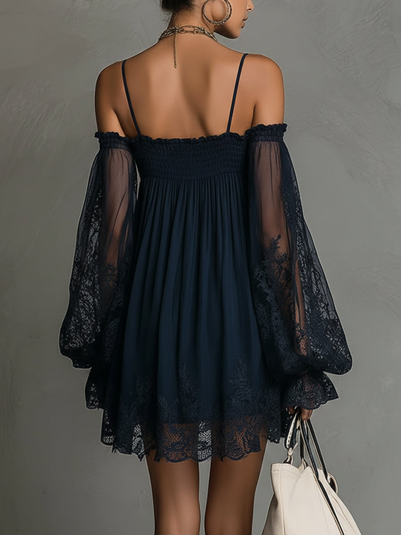 Louisa | Abito in Chiffon con Maniche in Pizzo a Spalle Scoperte