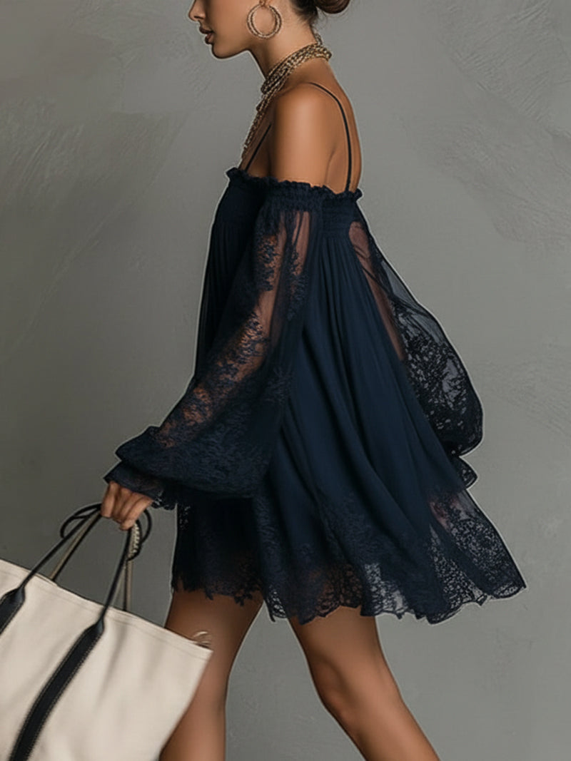 Louisa | Abito in Chiffon con Maniche in Pizzo a Spalle Scoperte