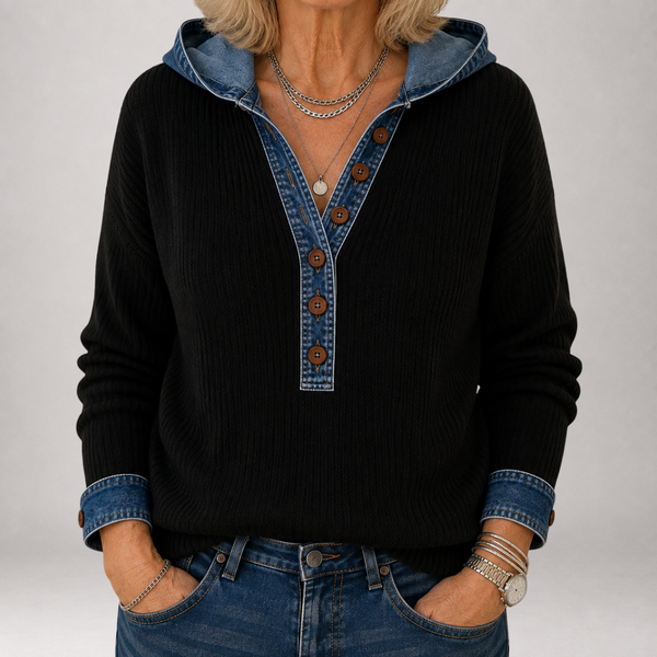 Winnow | Maglione Henley con Cappuccio e Bordo in Denim