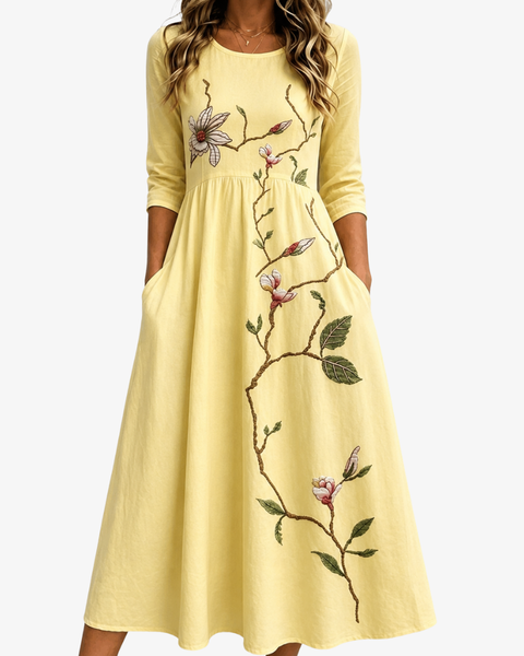 Golden Blossom Pocket Midi Dress