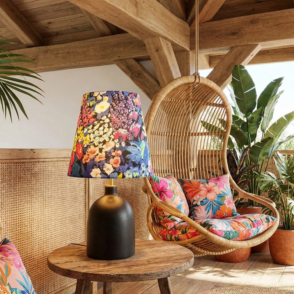 Lampada da Tavolo in Ceramica e Tessuto con Stampa Artistica Decorativa