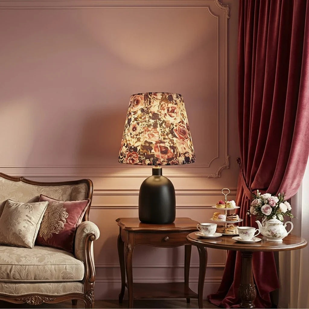 Lampada da Tavolo in Ceramica e Tessuto con Stampa Artistica Decorativa