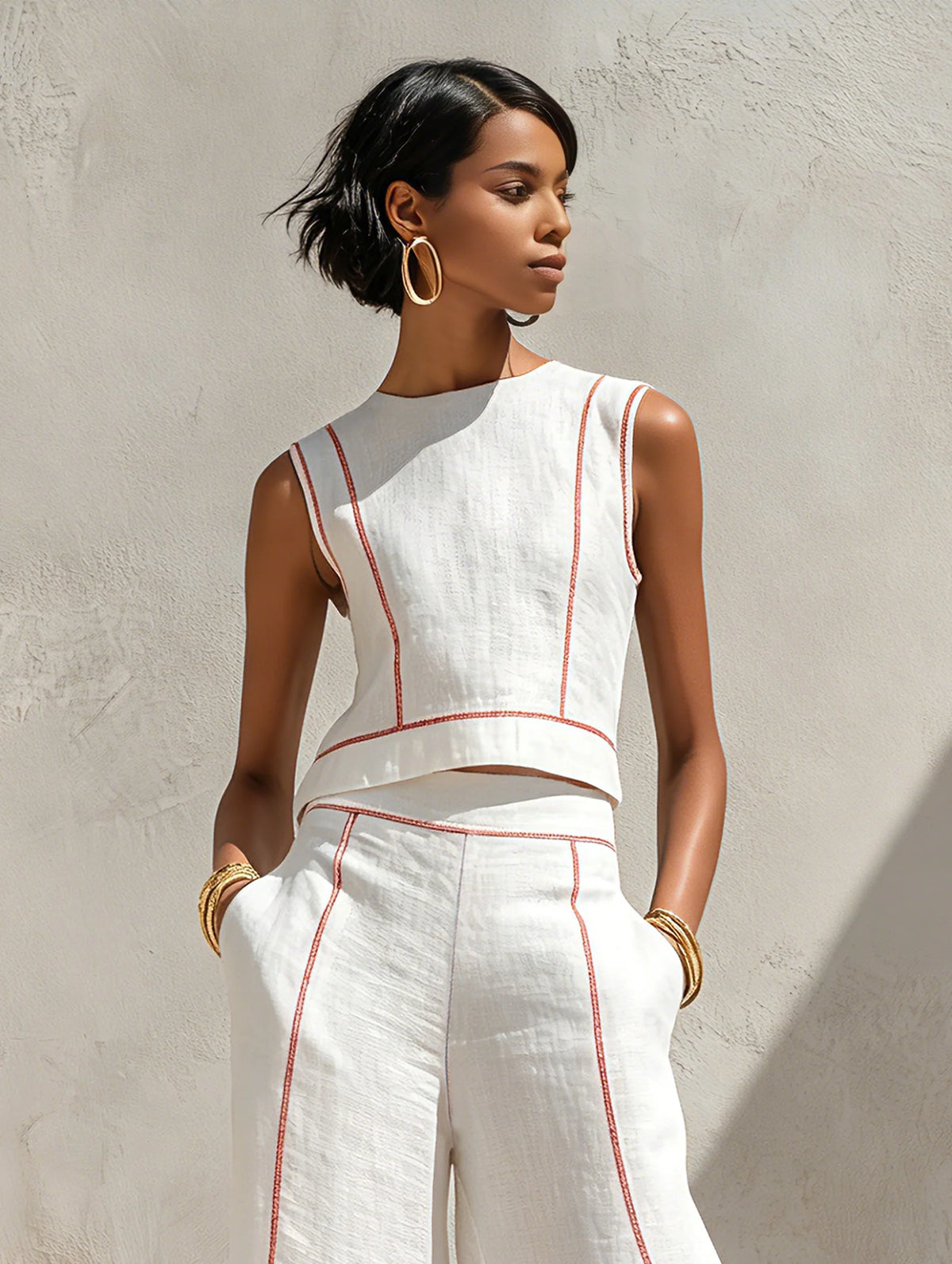 Vela — Completo Top e Pantalone Palazzo con Cuciture a Contrasto