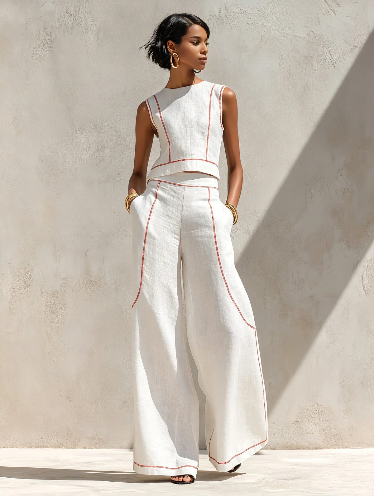 Vela — Completo Top e Pantalone Palazzo con Cuciture a Contrasto