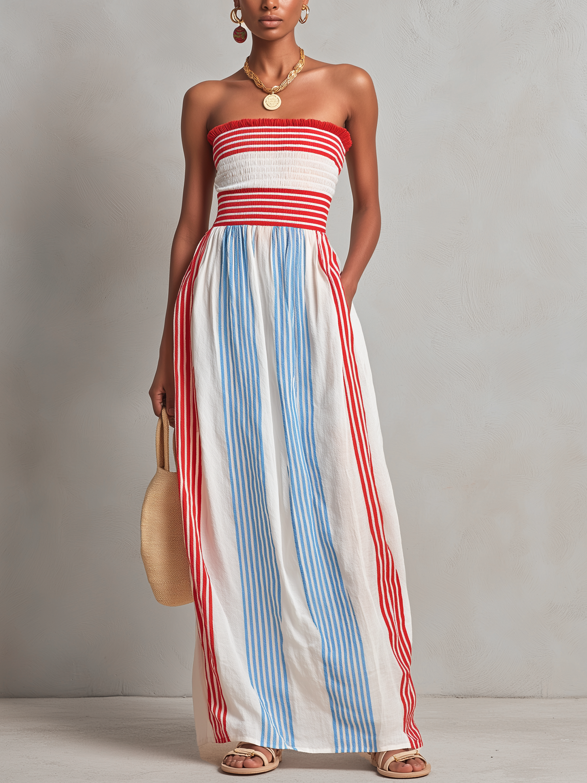 Abito Maxi Senza Spalline a Righe Rosse e Blu