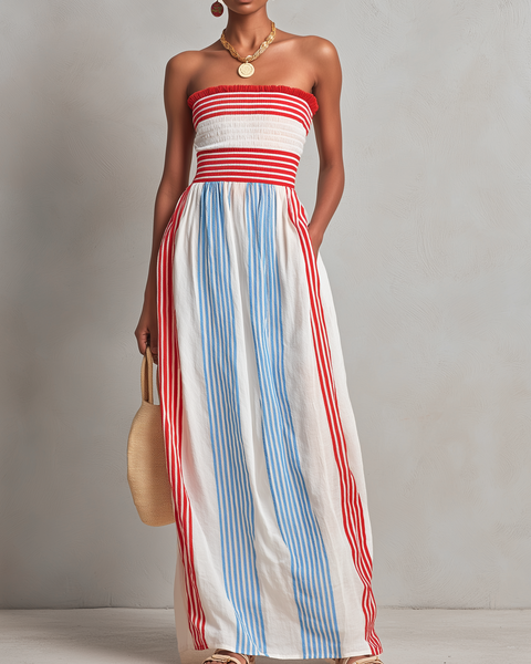 Abito Maxi Senza Spalline a Righe Rosse e Blu
