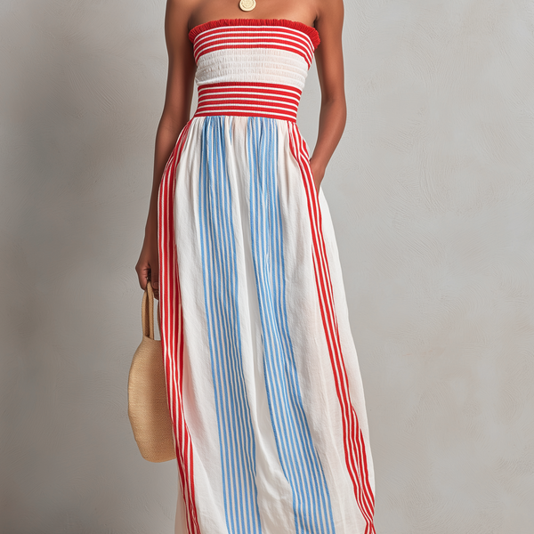 Abito Maxi Senza Spalline a Righe Rosse e Blu