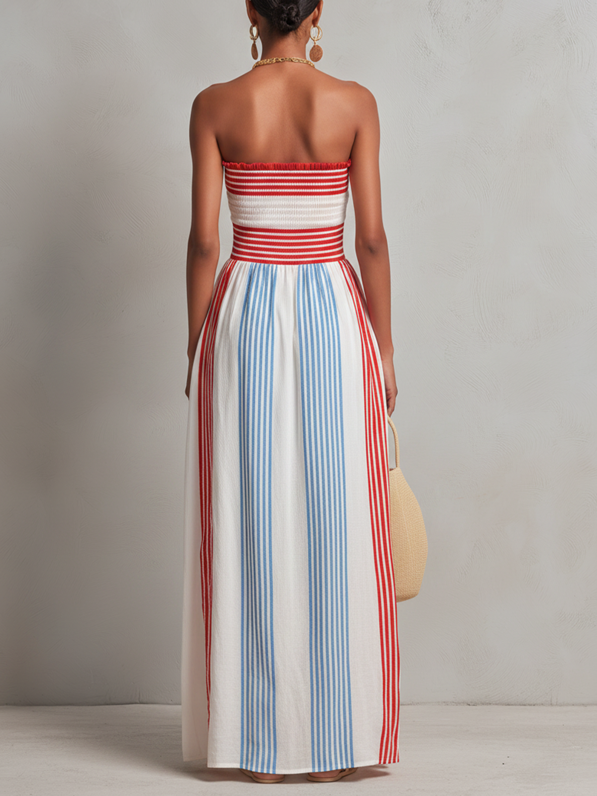 Abito Maxi Senza Spalline a Righe Rosse e Blu