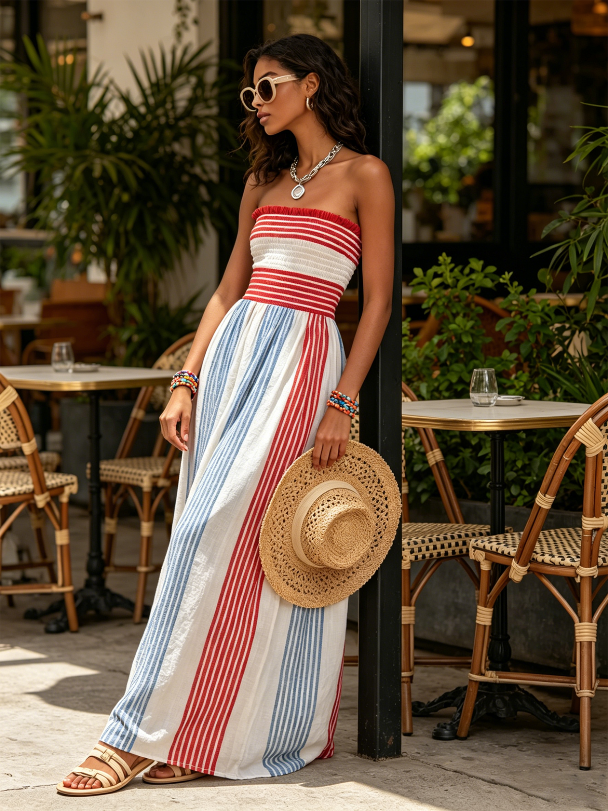 Abito Maxi Senza Spalline a Righe Rosse e Blu