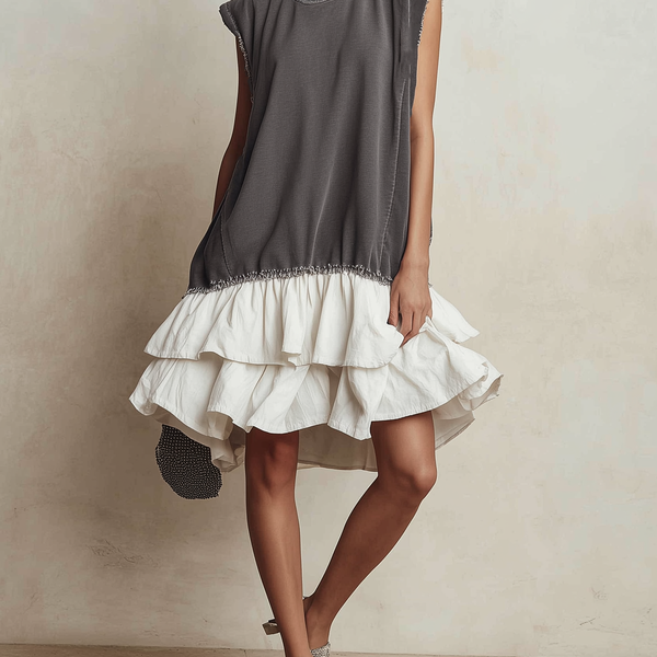 Abito Mini Senza Maniche con Orlo a Rouches a Strati e Bordo Grezzo a Contrasto | Vestito Casual a Blocchi di Colore per Vacanze