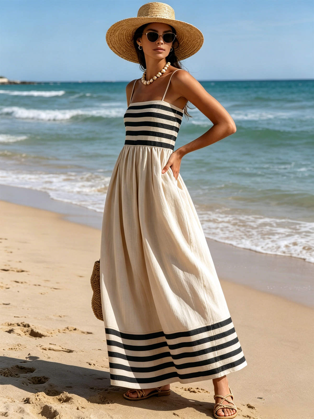 Abito Maxi a Spaghetti Nero e Beige a Strisce