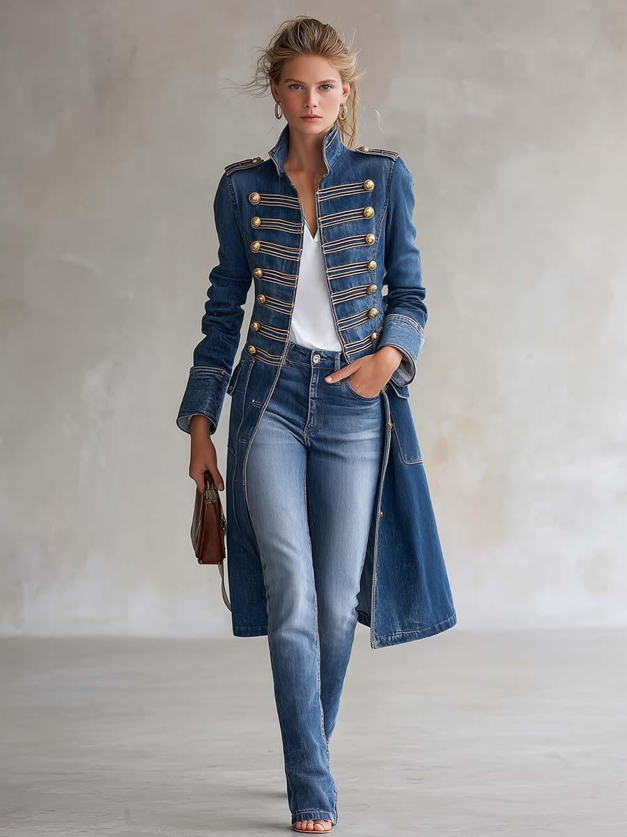 Cappotto in denim lungo e aderente in stile militare con bottoni dorati