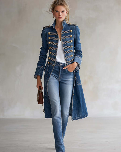 Cappotto in denim lungo e aderente in stile militare con bottoni dorati