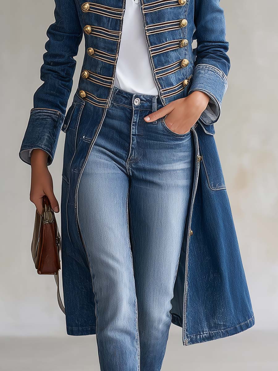 Cappotto in denim lungo e aderente in stile militare con bottoni dorati