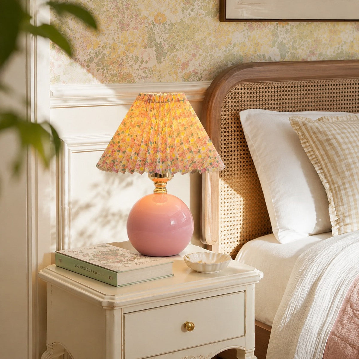 Lampada da Tavolo in Ceramica e Tessuto con Motivo Floreale Retro