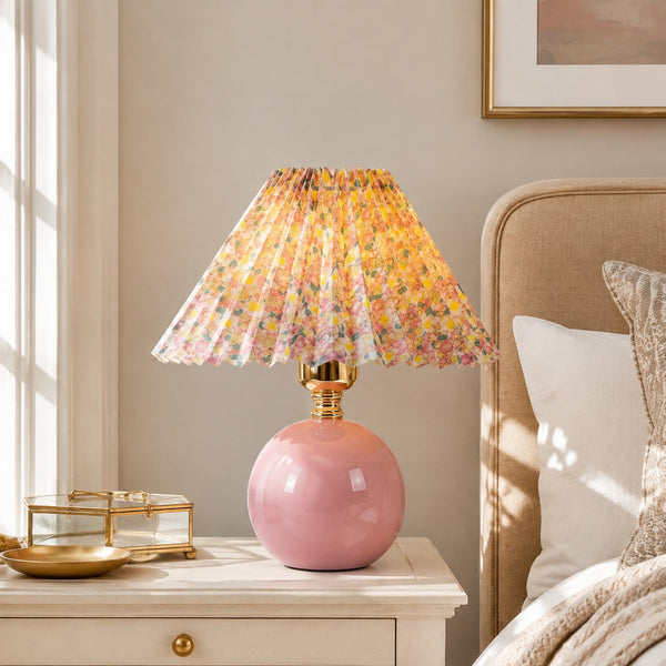 Lampada da Tavolo in Ceramica e Tessuto con Motivo Floreale Retro