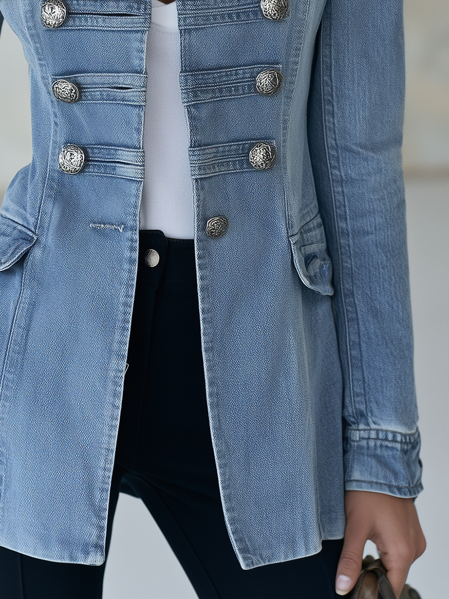 Cappotto in denim blu stile militare con doppio petto