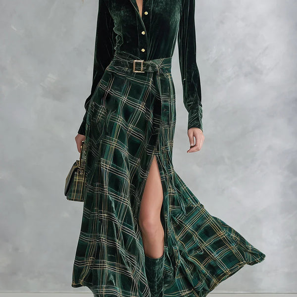 ISA | SET ABITO MAXI IN VELLUTO VERDE A QUADRI
