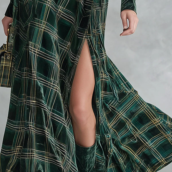 ISA | SET ABITO MAXI IN VELLUTO VERDE A QUADRI