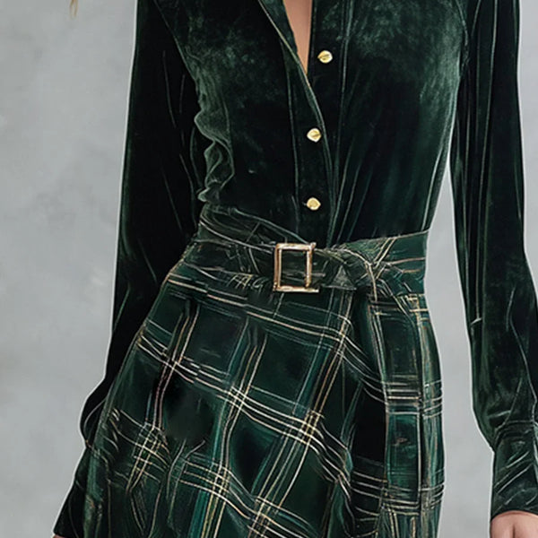ISA | SET ABITO MAXI IN VELLUTO VERDE A QUADRI