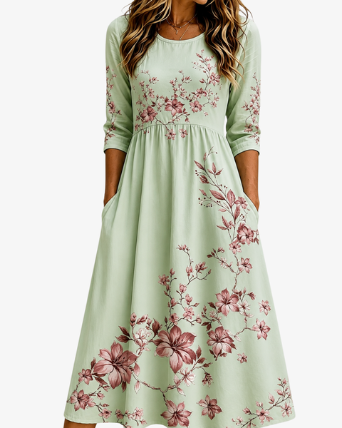 Sage Blossom Grace Pocket Midi Dress