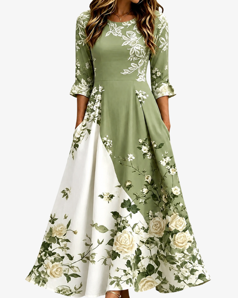 Sage Garden Rose Pocket Maxi Dress