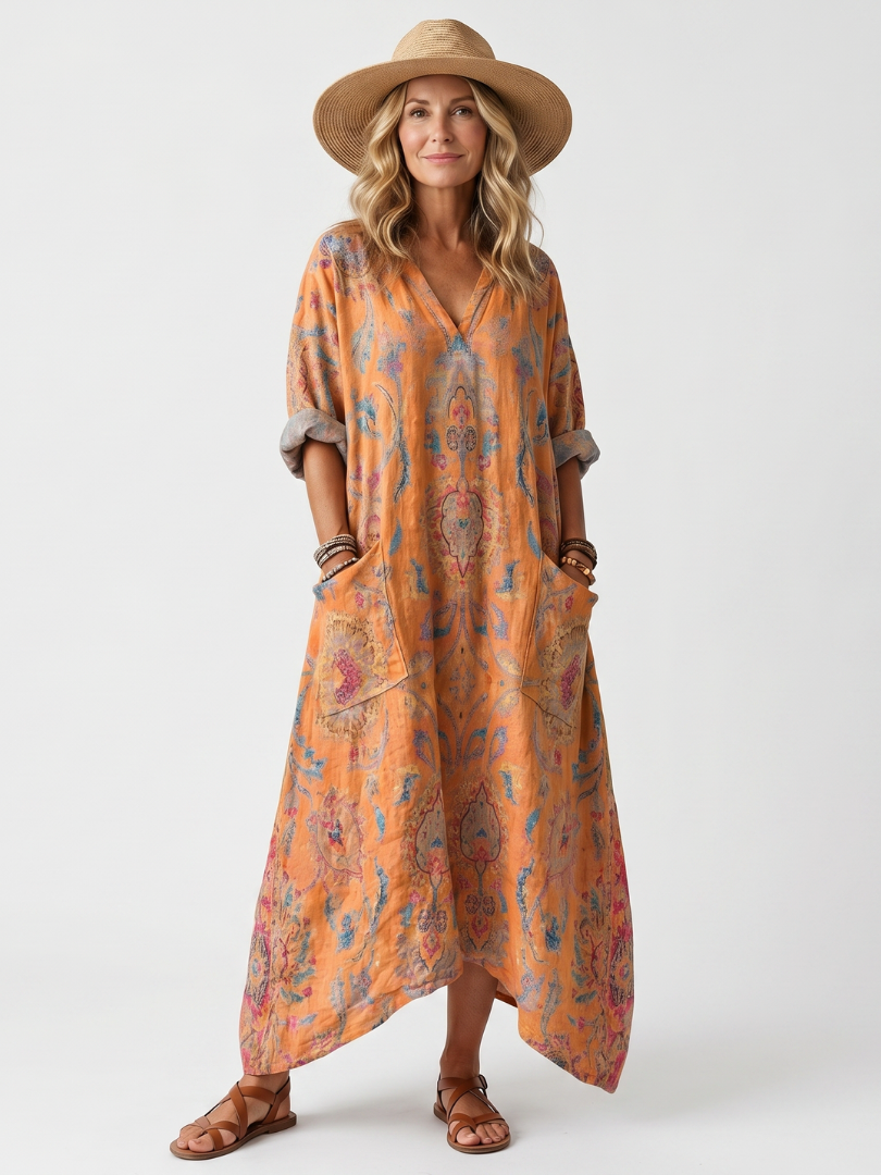 Remi | Abito Midi Oversize con Stampa e Tasche a Collo Notch
