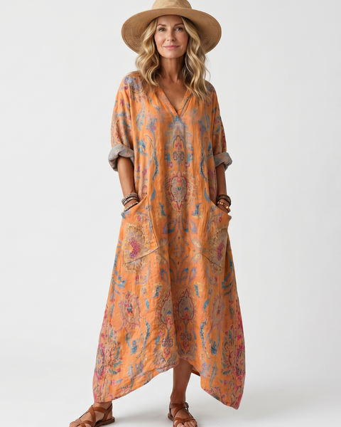 Remi | Abito Midi Oversize con Stampa e Tasche a Collo Notch