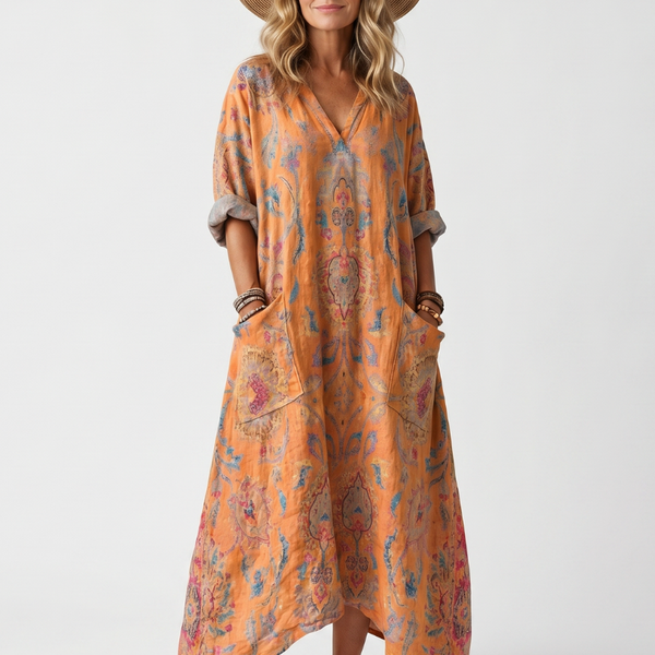 Remi | Abito Midi Oversize con Stampa e Tasche a Collo Notch