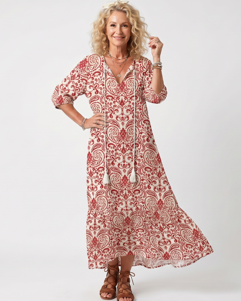 Noelle | Abito midi con stampa ornata e laccetti a frange