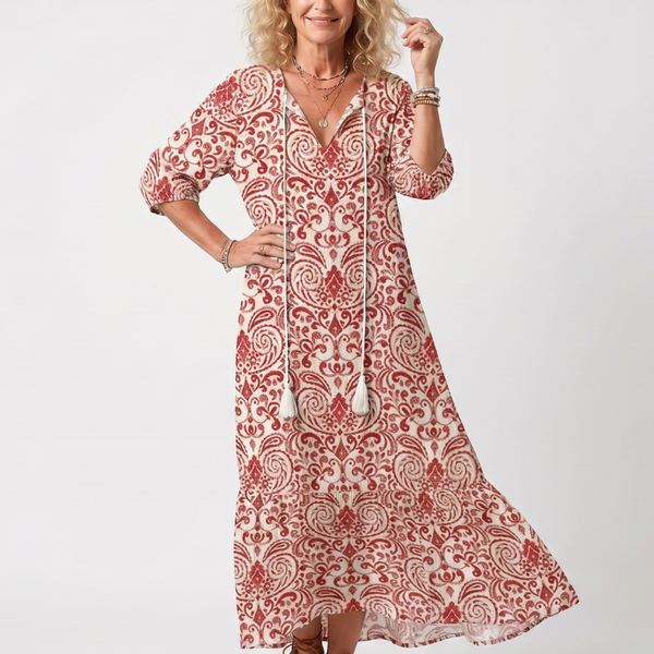 Noelle | Abito midi con stampa ornata e laccetti a frange