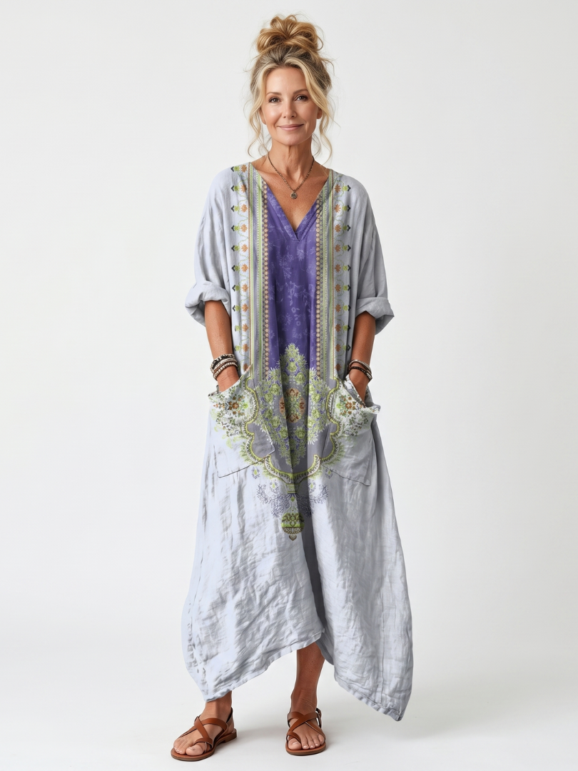 Raina | Vestito Midi Oversize con Pannello a Contrasto e Ricami