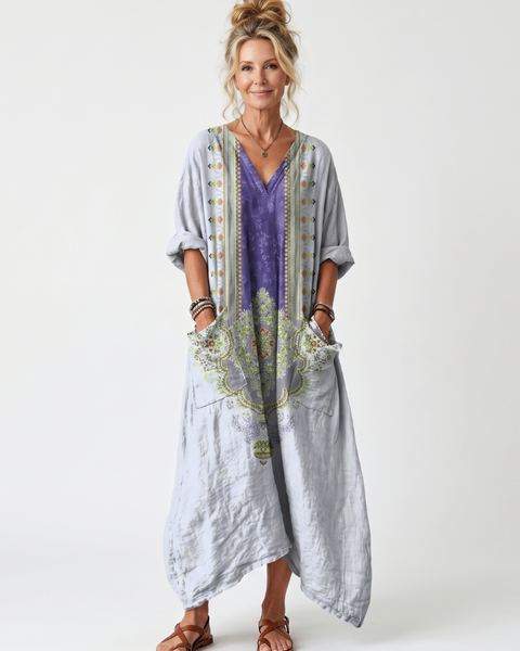 Raina | Vestito Midi Oversize con Pannello a Contrasto e Ricami